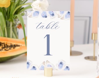 oyster table numbers printed, watercolor table number light blue, beach wedding decor, dusty blue table numbers wedding, shell table number