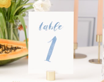 light blue table number cards, hand painted table numbers printed, watercolor wedding table numbers dusty blue, baby shower table number WAT