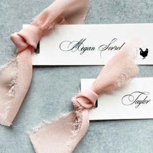 blush ribbon place card wedding, pink place card with ribbon, flat place cards with meal choice, calligraphy tags with ribbons