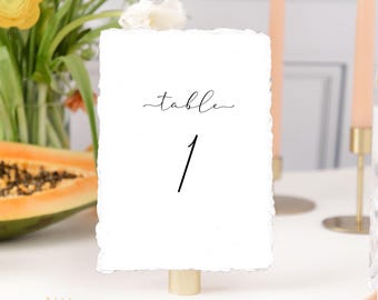 wedding table number printed, elegant table number minimal, handmade paper table number signs, calligraphy table number cards modern