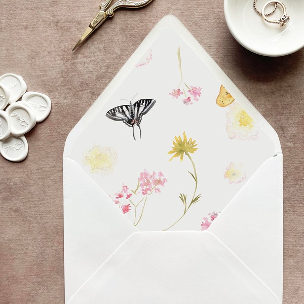 butterfly envelope liner floral, wildflower envelope liners wedding, printed envelope liner insert, watercolor lined envelopes 5x7