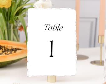 modern table numbers wedding, handmade paper table numbers minimalist, deckled edge table number 5x7, classic table numbers printed