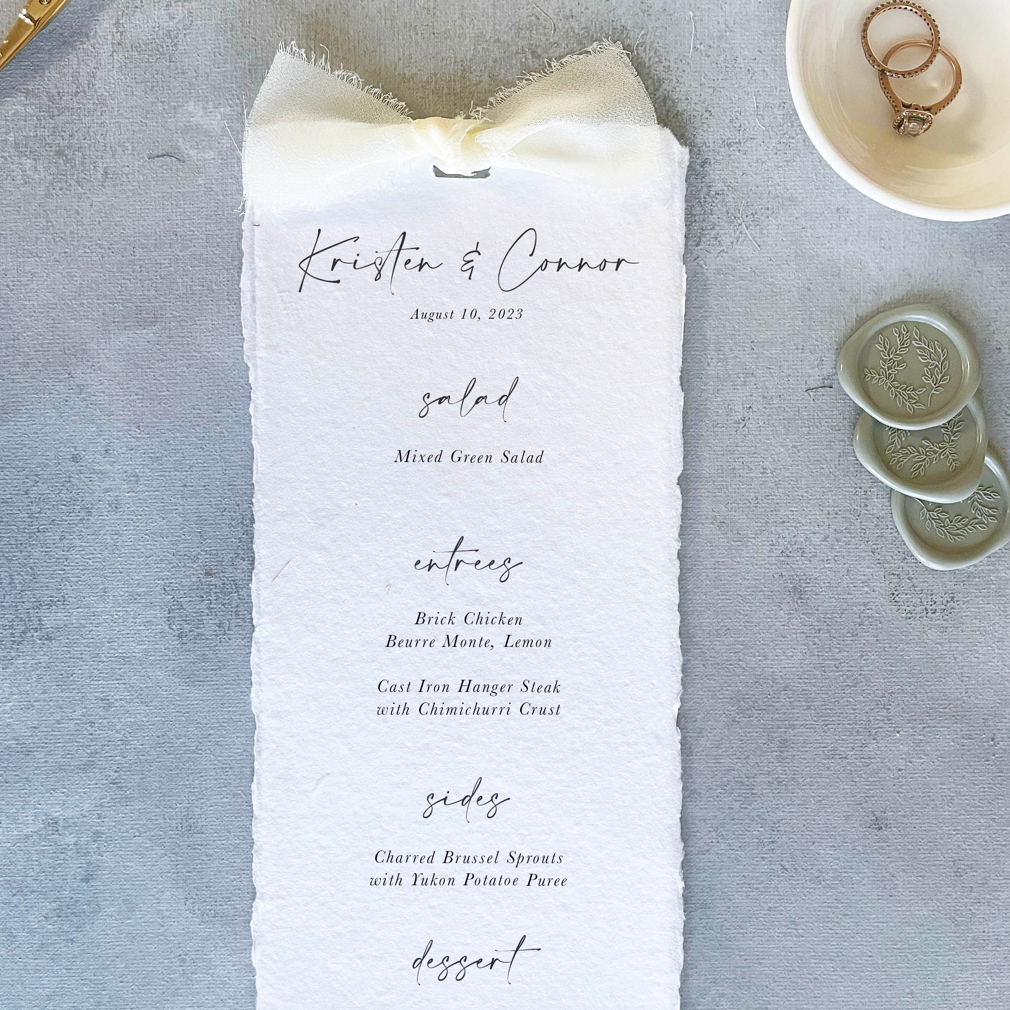 ivory wedding menu custom, cream menu cards printed, deckled edge menu with bow, simple wedding menus set of 10, handmade paper menu ribbon