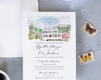 watercolor wedding invitation printed with venue illustration, watercolor venue illustration, custom illustration wedding invitation
