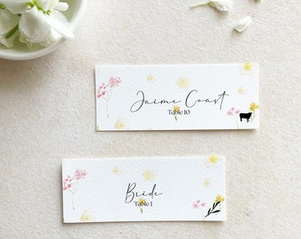 wildflower name cards wedding printed, floral name cards for table, watercolor name cards with food choice, name cards bridal shower