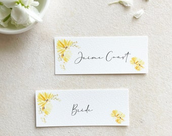 floral place cards printed, rustic name cards for seating, sunflower place cards with flowers, sunflower name cards for table