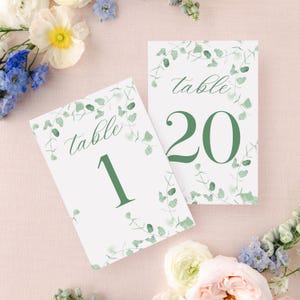 sage table numbers greenery, eucalyptus table number wedding, garden table numbers printed, floral table number cards, table number flowers