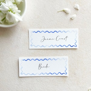 watercolor place cards modern, wavy name cards for wedding printed, beach place cards tropical, light blue placecards with meal image 2