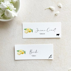 lemon name cards wedding printed, amalfi coast theme bridal shower name cards for table, citrus name tag wedding table watercolor name card