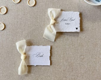 handmade paper place cards with ribbon ivory, calligraphy placecards digitally printed, elegant place cards flat, deckled edge place cards