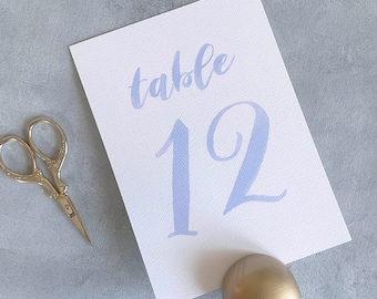 printed watercolor table numbers light blue, dusty blue wedding decorations, wedding table number 1-10, painted table number 1-20, 1-30