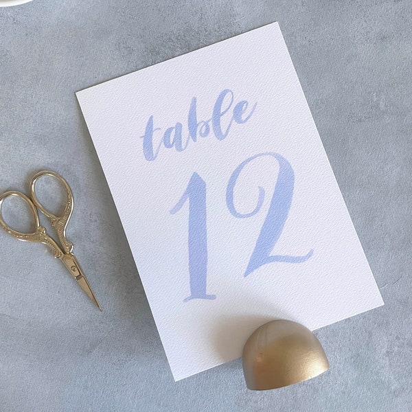 printed watercolor table numbers light blue, dusty blue wedding decorations, wedding table number 1-10, painted table number 1-20, 1-30