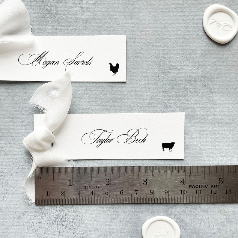 minimalist wedding placecards with meal choice, simple place setting name cards with meal icon, paper place cards calligraphy, with ribbon image 5