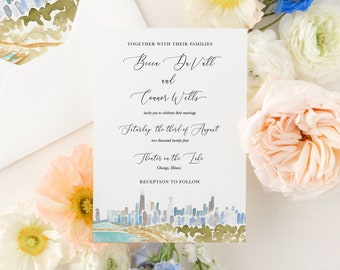 May include: A wedding invitation with elegant calligraphy, featuring the names Becca DeVitt and Connor Wells. The invitation includes a watercolor illustration of a city skyline and is surrounded by colorful flowers.