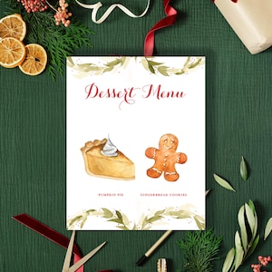 holiday dessert menu sign, winter dessert bar menu, christmas food labels party, watercolor buffet cards, cookie bar sign, dessert table