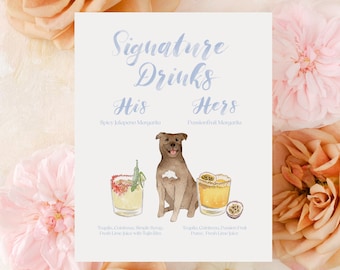 watercolor dog cocktail signature drink sign, dog wedding bar sign printed, pet signature Drink Signs Wedding Dogs, custom bar menu sign pet