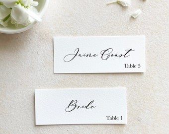 thin place cards with table numbers, calligraphy placecards wedding, name tags wedding table, minimal place card seating chart, printed