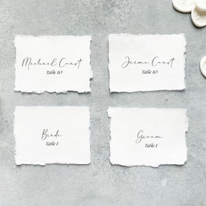 hand written font name cards with table number, handmade paper place cards for table, personalized place card wedding, deckled edge printed