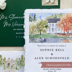 custom venue illustration wedding invitation, watercolor wedding venue invitation, venue watercolor painting, fall wedding invitations