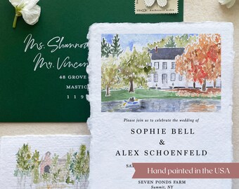 custom venue illustration wedding invitation, watercolor wedding venue invitation, venue watercolor painting, fall wedding invitations