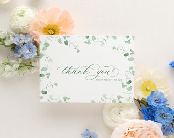 greenery thank you birthday cards, rustic thank you card custom, sage green thank you card for wedding, watercolor note cards box with names