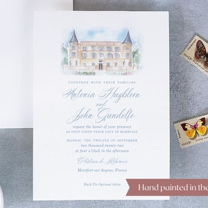 venue illustration wedding invitation, castle wedding invitation, hand drawn wedding venue, painting invitation, venue watercolor suite