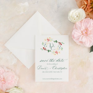 custom watercolor save the date monogram, garden wedding crest save the date printed custom watercolor monogram wreath hand painted monogram