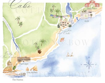custom location map print, personalized watercolor wedding map, wedding day itinerary, wedding invitation insert | Hand Painted & Printed US