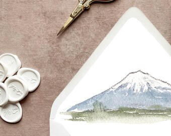 Mt Fuji Mountain Japanese Watercolor Wedding Invitation 5x7" Euroflap Lined Envelopes | Set of 10