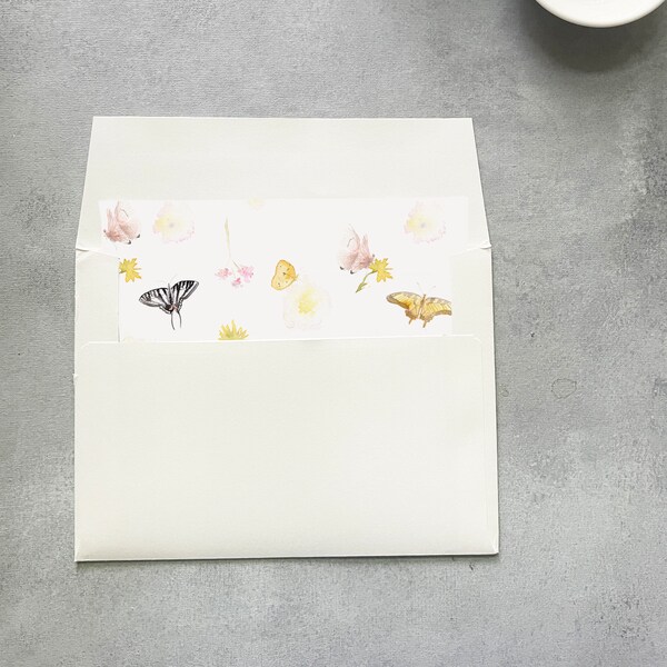 butterfly envelope liner printed, wildflower envelope liner square, garden wedding invitation accessories, floral lined envelopes a7 5x7