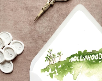 Hollywood Sign California Watercolor Wedding Invitation Envelope Liners | Set of 10 | A7 Lined Envelopes