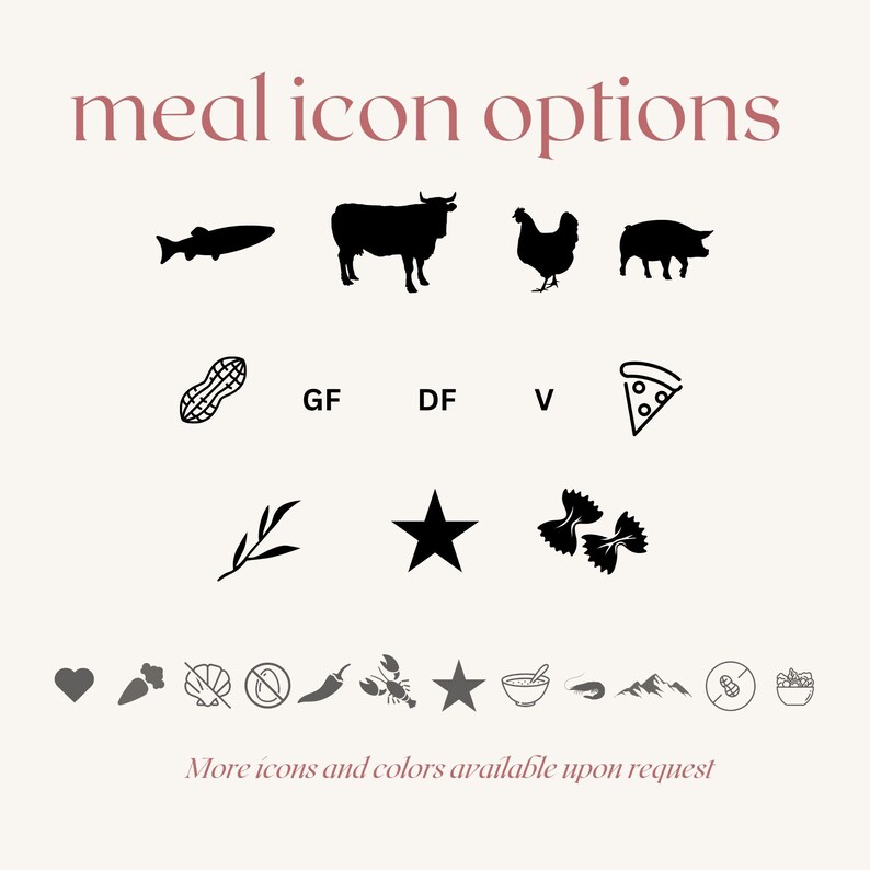 May include: A collection of black meal icons featuring silhouettes of a fish, cow, chicken, pig, peanut, pizza slice, star, and pasta. Text includes "meal icon options", "GF", "DF", "V", and "More icons and colours available upon request".