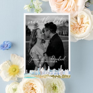 chicago save the date with photo, watercolor chicago skyline, windy city save the dates chicago-themed, city wedding save the date printed