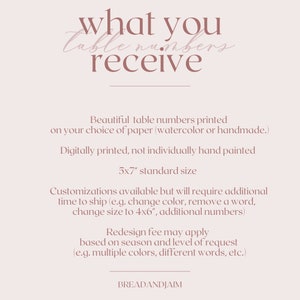 May include: Text that reads "what you table numbers receive" in a pink script font.  The text is followed by a description of table numbers printed on watercolor or handmade paper.  The table numbers are 5x7 inches and can be customized for an additional fee.  The text "BREADANDJAIM" appears at the bottom of the image.