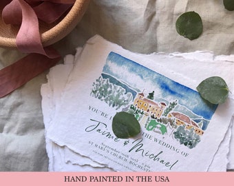 Custom Watercolor Wedding Invitation, Personalized Watercolor Wedding Invites, Hand Painted Venue Illustration, Illustrated Invitations