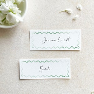 fun place cards watercolor, sage placecards wedding, wavy place card wedding unique, tropical place cards modern