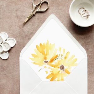 sunflower envelope liner yellow, floral envelope liner flowers, yellow wedding invitation envelopes, watercolor lined envelopes, rustic