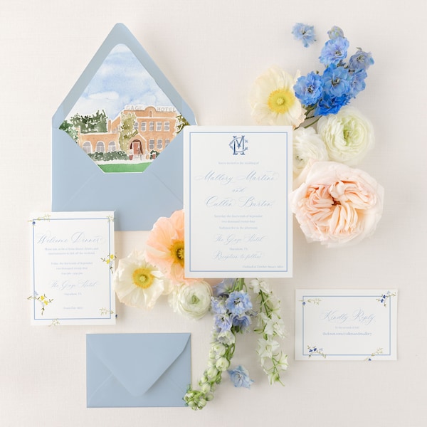 semi custom dusty blue invitation suite, french blue wedding invitation printed, monogram wedding invitation, light blue invitation card