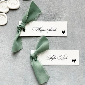 calligraphy placecards with meal (digitally printed), sage place cards with ribbon, slim place cards name, classic wedding table decorations