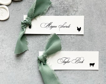 calligraphy placecards with meal (digitally printed), sage place cards with ribbon, slim place cards name, classic wedding table decorations