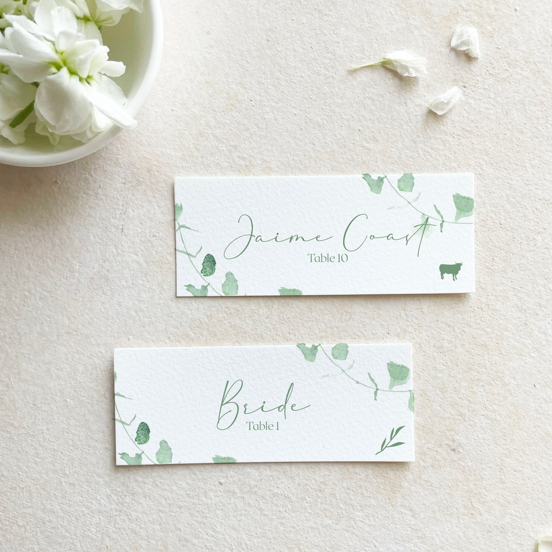 Greenery Place Cards Entree Choice, Eucalyptus Name Tag Wedding, Custom