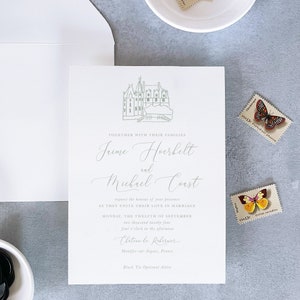 custom wedding venue drawing for invitation, hand drawn invitation wedding printed, castle wedding invitation royal, sage green wedding