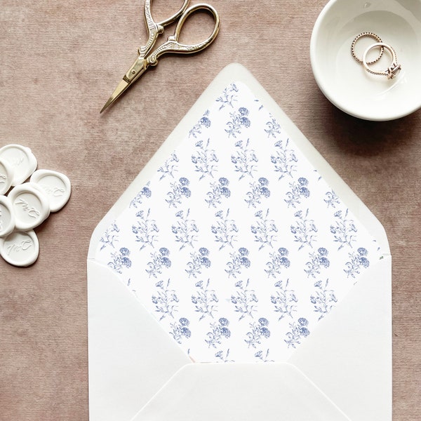 floral envelope liner printed, dusty blue envelope liner a7, chinoiserie envelope liner euro flap, pattern lined envelopes wedding