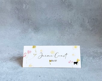 floral place cards tented, wildflower name cards printed, flower place cards bridal shower, blush wedding table decor floral, pink wedding