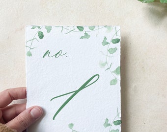 greenery table numbers floral, sage table number eucalyptus, wedding table numbers cards, garden table numbers hand torn, rustic table