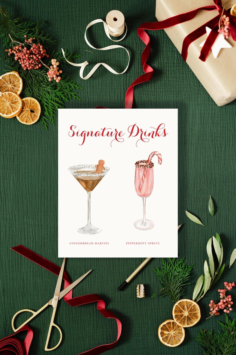 christmas signature drink sign printed, holiday party signage custom, christmas party decorations, christmas bar sign, holiday drink sign zdjęcie 3