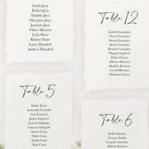 May include: A set of four white cards with black text listing table numbers and guest names for a wedding reception. The table numbers are 5, 6, 7, and 12.