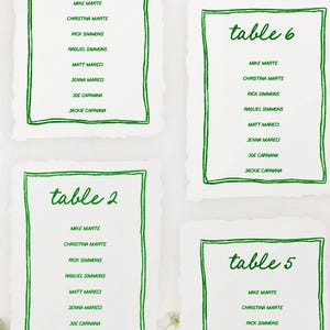 May include: Four white cards with green borders and handwritten text. Each card lists a table number and a list of names. The table numbers are 5, 6, 2, and 5.