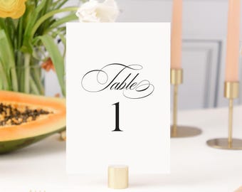 calligraphy table numbers printed, elegant table number cards, romantic wedding decor, handwritten table numbers