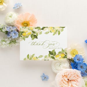 lemon thank you cards personalized, fruit theme baby shower thank you notes, amalfi coast bridal shower thank-you cards, housewarming